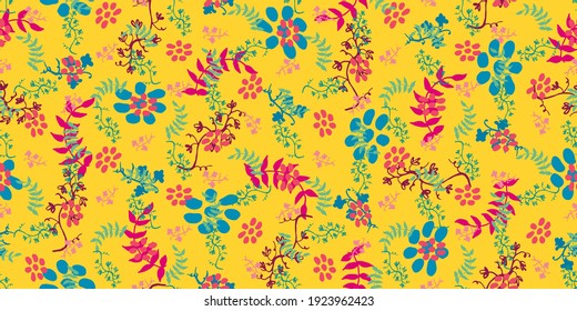 Patrón vectorial colorido y floral sin costuras. Diseño de la impresión de superficie para telas de primavera y verano, papel de papelería, papel de rayado, envoltura de regalo, textiles, fondos, decoración y embalaje.