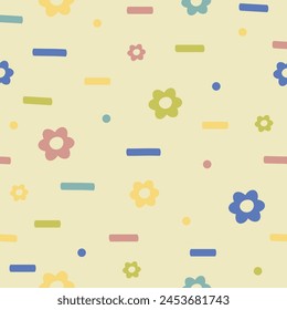 Colorful and bright flowers geometric seamless pattern. Dashed lines and flower on beige background