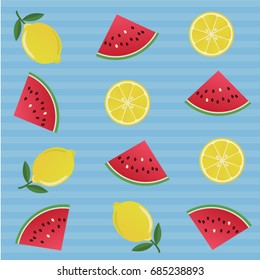 Colorful bright friuty summer pattern with lemon and watermelon. Vector illustration