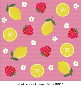 Colorful bright friuty summer pattern with strawberry and lemon. Vector illustration