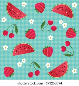 Colorful bright fruit pattern with strawberry, cherry and watermelon on a green background. Vector illustration
