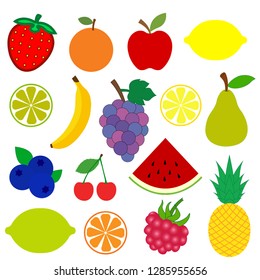 Colorful bright fruits and berries on a white background. A set of fruits: apple, lemon, lime, banana, orange, pear, pineapple, grapes, cherry, strawberry, blueberry and raspberry. - Vector graphics
