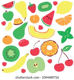 Colorful bright fruits are drawn on white background.