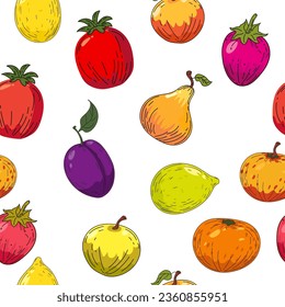 Colorful bright fruits seamless pattern. Hand drawing sketch fruits