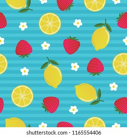 Colorful bright fruity summer seamless pattern with strawberry and lemon on blue background. Vector illustration