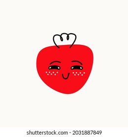 A colorful bright funny character with a face and emotions. The drawing style is vector spot and lines. Cute strawberry