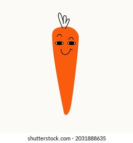 A colorful bright funny character with a face and emotions. The drawing style is vector spot and lines. Tricky carrots