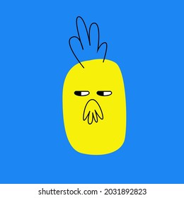 A colorful bright funny character with a face and emotions. The drawing style is vector spot and lines. Mustachioed pineapple