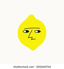A colorful bright funny character with a face and emotions. The drawing style is vector spot and lines. Skeptical Lemon