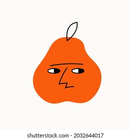 A colorful bright funny character with a face and emotions. The drawing style is vector spot and lines. The Skeptical Pear