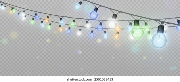 Colorful bright garlands PNG. Christmas garland. Festive bright lights.