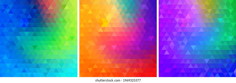 Colorful bright geometric backgrounds set. Triangular glowing patterns collection. Vector illustration. 
