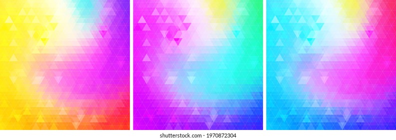 Colorful bright geometric backgrounds set. Triangular glowing patterns collection. Vector illustration. 