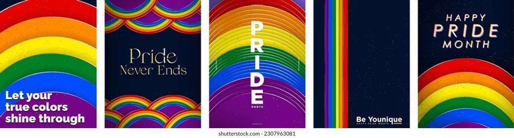 Colorful and Bright Geometric Pride Month Posters in Rainbow flag color theme. Pride Flag paper cut out designs. Pride Month slogans. Pride Never Ends. Vector illustration.