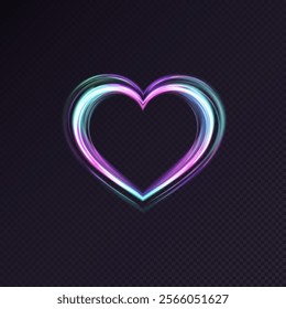 Colorful bright glowing trail forms heart shape with smooth curves on transparent background, vector design symbolizing Valentine's Day, love, romance and holiday.