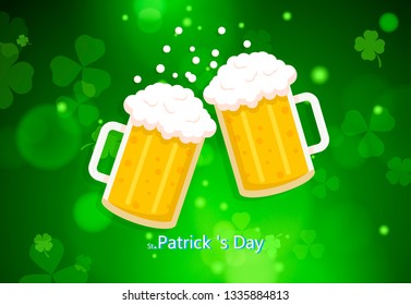 Colorful bright green background with two beer mugs for St. Patrick's Day