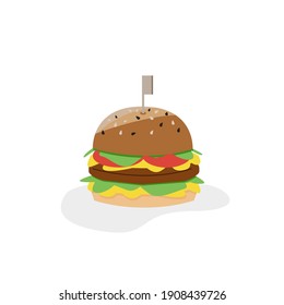 Hamburguesa colorida y brillante, ilustración vectorial aislada en fondo blanco. Gráfica detallada clipart con bollo, queso, tomates, ensalada. Para promoción, publicidad, menú.
