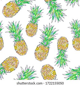 Colorful bright hand drawn art pineapple vector seamless pattern. Abstract sketch design, scrapbook, wallpaper, card, wrapping paper