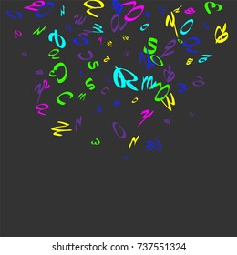 Colorful, bright handwritten letters are scattered chaotically on a dark gray background. Illustration is good for educational design. Poster, banner, poster. 23 April. Vector.