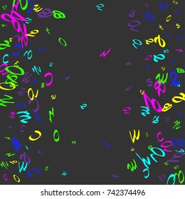 Colorful, bright handwritten letters are scattered chaotically on a dark gray background. 