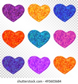 Colorful Bright Hearts Set on Transparent Background