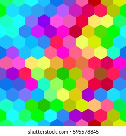 Colorful bright hexagons. Seamless pattern, abstract geometric background. Vector illustration