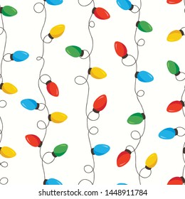 Colorful Bright Holiday and New Year Intertwined String Colorful Lights Forming Vertical Stripes on White Background Vector Seamless Pattern. Winter Festive Holiday Print