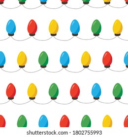 Colorful Bright Holiday and New Year String Colorful Lights Forming Horizontal Stripes on White Background Vector Seamless Pattern. Winter Festive Holiday Print