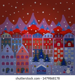 Colorful bright houses with trees on the hills. Vector illustration. Buildings on pink, blue and orange colors.