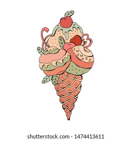 Colorful bright ice cream with cherry and mint. Vector objects on white background. Retro style. Vintage. In isolation. Hand drawing.
