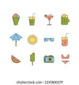 Colorful bright icons on the theme of summer. Icons beer, ice cream, swimsuit, glasses, camera, umbrella, watermelon. Sets the Tourism Symbol for the Internet and Ap isolated on a white background. Ve