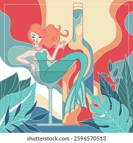 colorful and bright illustration in art deco style, summertime, mermaid in the cocktail glass with the bottle, vintage style