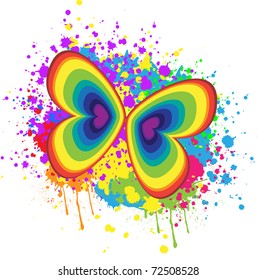 Colorful bright ink splashes and butterfly on white background