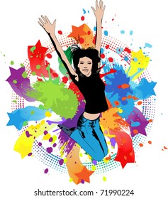 Colorful bright ink splashes and girl jumping on white background