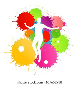 Colorful bright ink splashes and happy person- teenager or woman in front of them