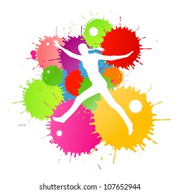 Colorful bright ink splashes and happy person- teenager or woman in front of them