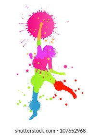 Colorful bright ink splashes and happy person- teenager or woman made of them