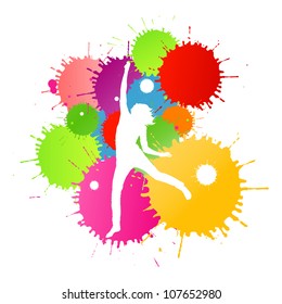 Colorful bright ink splashes and happy person- teenager or woman in front of them