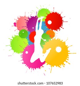 Colorful bright ink splashes and happy person- teenager or woman in front of them