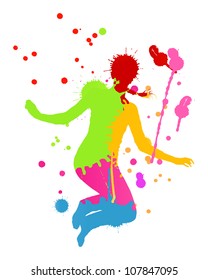 Colorful bright ink splashes and happy person- teenager or woman in front of them