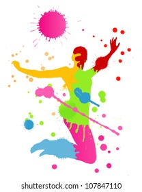 Colorful bright ink splashes and happy person- teenager or woman in front of them