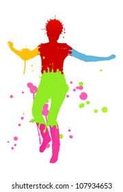 Colorful bright ink splashes and happy person- teenager or woman made of them