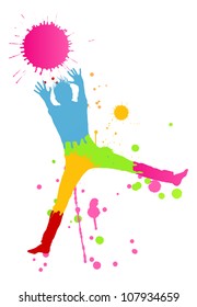 Colorful bright ink splashes and happy person- teenager or woman made of them