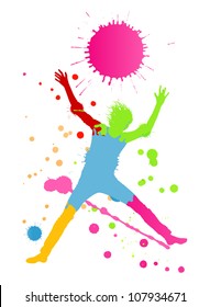 Colorful bright ink splashes and happy person- teenager or woman made of them