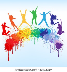 Colorful bright ink splashes and kids jumping on blue background