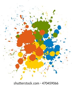 Colorful bright ink splashes on white background Color paint splashes Vector illustration  Green blobs Blue blot Yellow smear Orange dab Green blotch Blue blur Holidays Holi or Mardi Gras Festive 