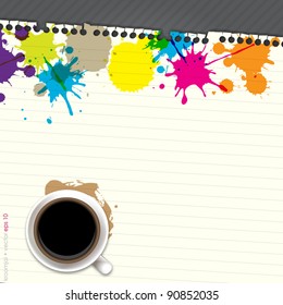 Colorful bright ink splashes on blank paper with coffee
