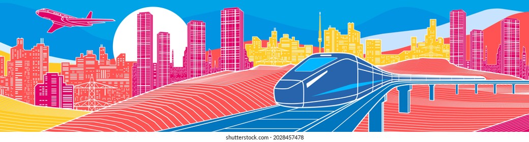 Colorful bright landscape cityscape. Infrastructure and transport illustration. Train rides on rail bridge. Airplane fly. City Urban scene. White outline on color background. Vector design art