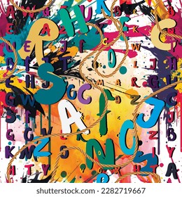 Colorful bright letters seamless pattern. Latin abc on dirty watercolor background. Repeat typeset backdrop. English letters ornament. Lettering background. Splatters, brush strokes, fonts, ropes.