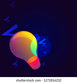 Colorful bright light bulb vector. Rainbow light against dark background. Electricity and lightning. Electric light bulb. Ideas moving through outer space. Electric shock.